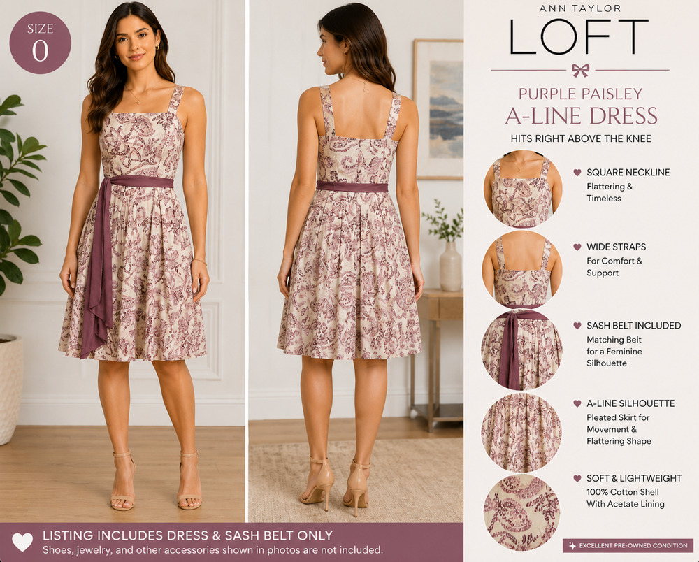 Ann Taylor LOFT Purple Paisley A-Line Belted Dress Size 0